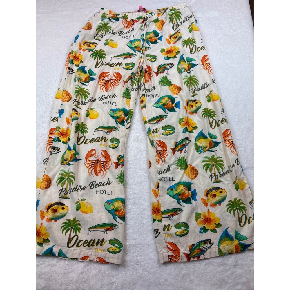 Rose + Olive Resort Tropical Paradise Beach Wide Leg Lounge Pants Cream Medium